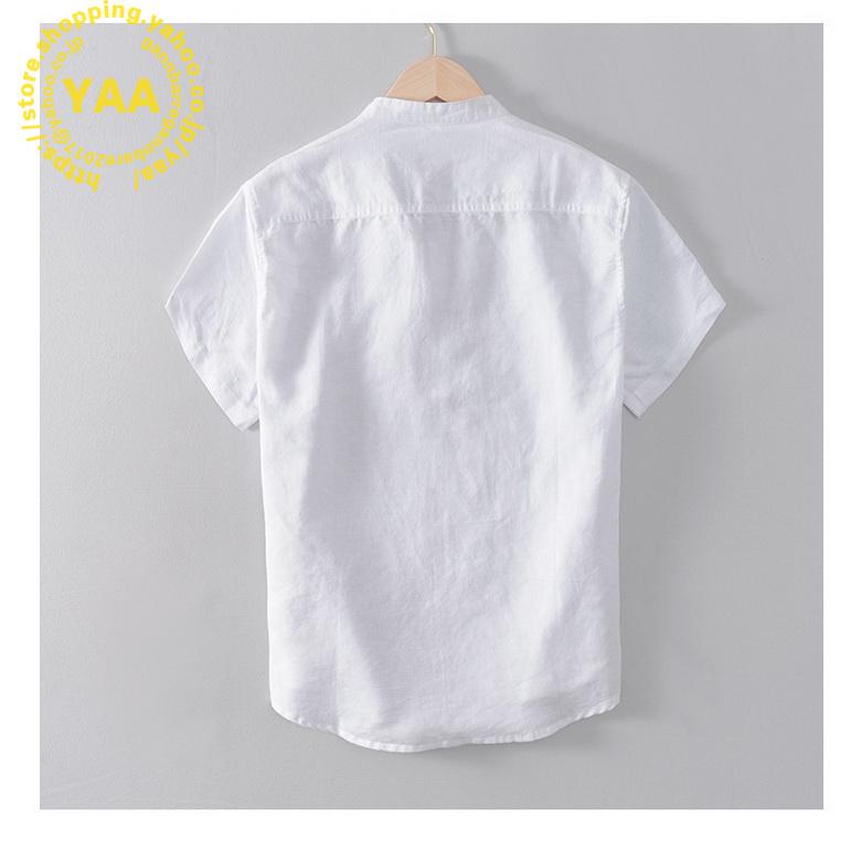 白シャツ メンズ 綿麻 ヘンリーネック スタンドカラー リネンシャツ