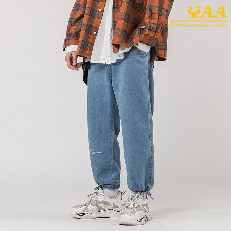 デニムパンツ メンズ 太め きれいめパンツ ボトムス ワイドパンツ バギーパンツ 裾紐付き ウォッシュ ヴィンテージ ロング丈 C Yaa 通販 Yahoo ショッピング