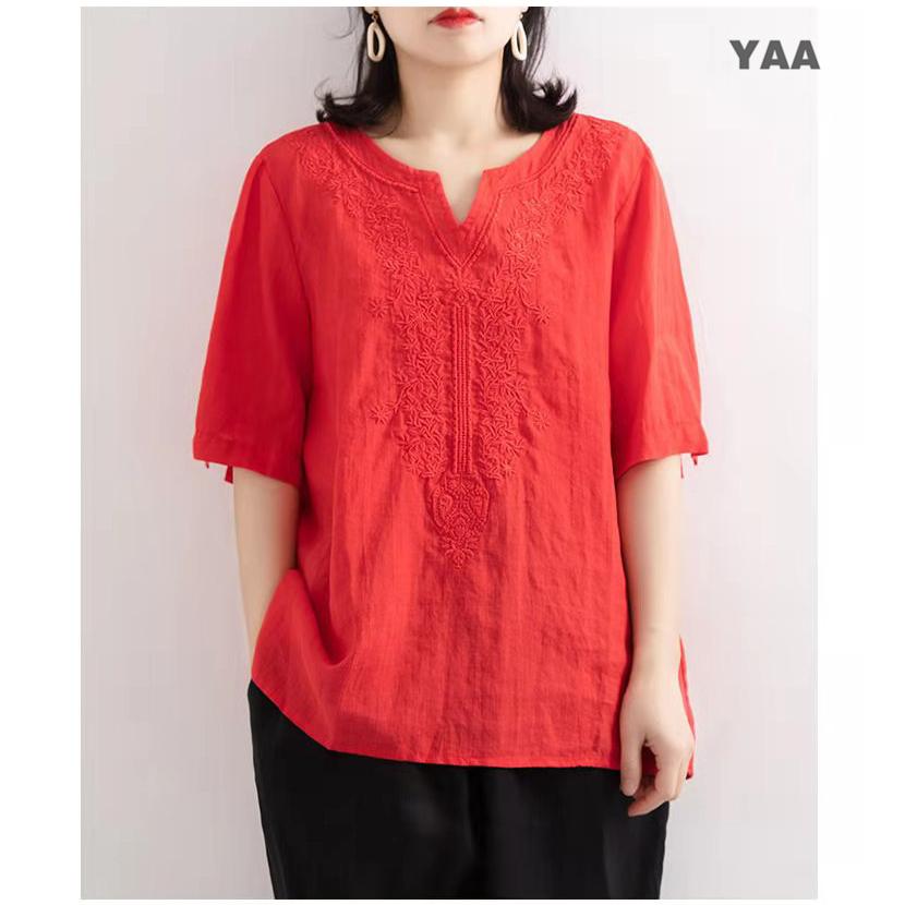 ブラウス エスニック 花柄刺繍 フラワー vネック 五分袖 シャツ