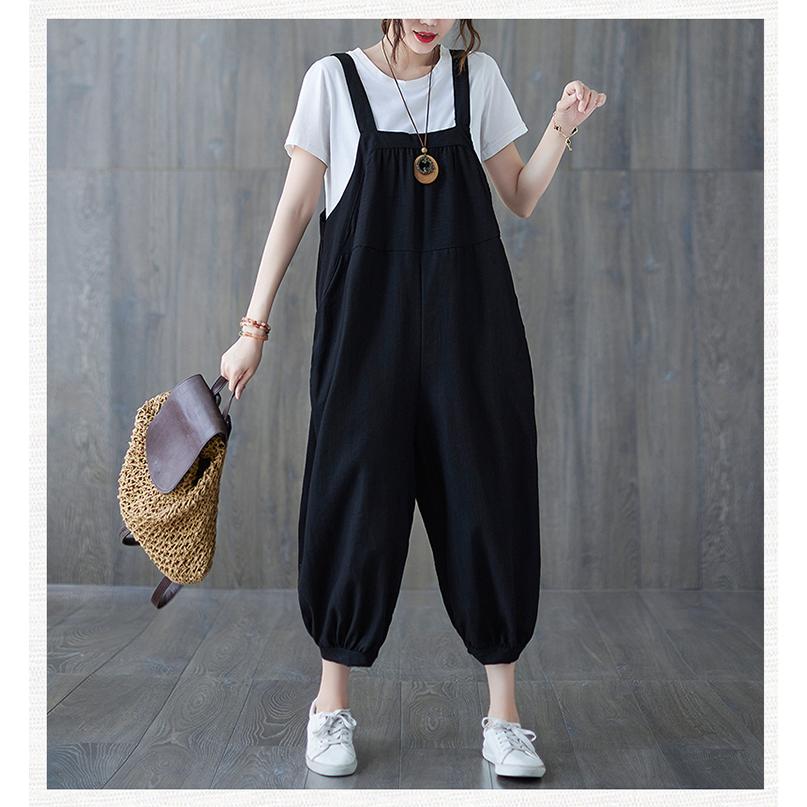 サロペット レディース 綿麻風 ゆったり バルーン アンクル丈