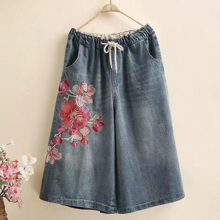 ワイドパンツ レディース デニム ジーンズ バギーパンツ 刺繍 花