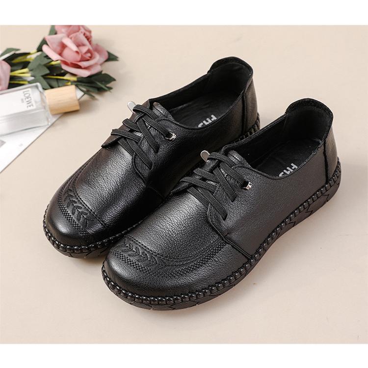 OUR 牛革 レザーフラットシューズ24.5cm【ブラック】 デッキシューズ レディース 牛革 本革 ぺたんこ やわらか フラット