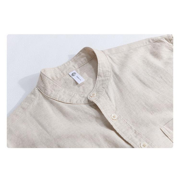 リネンシャツ メンズ シャツ 綿麻シャツ リネンコットン バンドカラー カジュアルシャツ トップス 夏物 夏服 父の日の画像