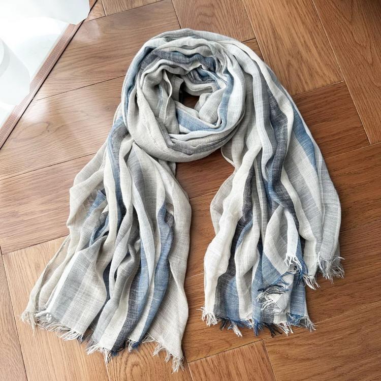 ☆BIN house☆ブルー系ストライプストールショール☆美品☆ ストール 大判 肩掛け ショール 着物 マフラー ストライプ柄 天竺編み