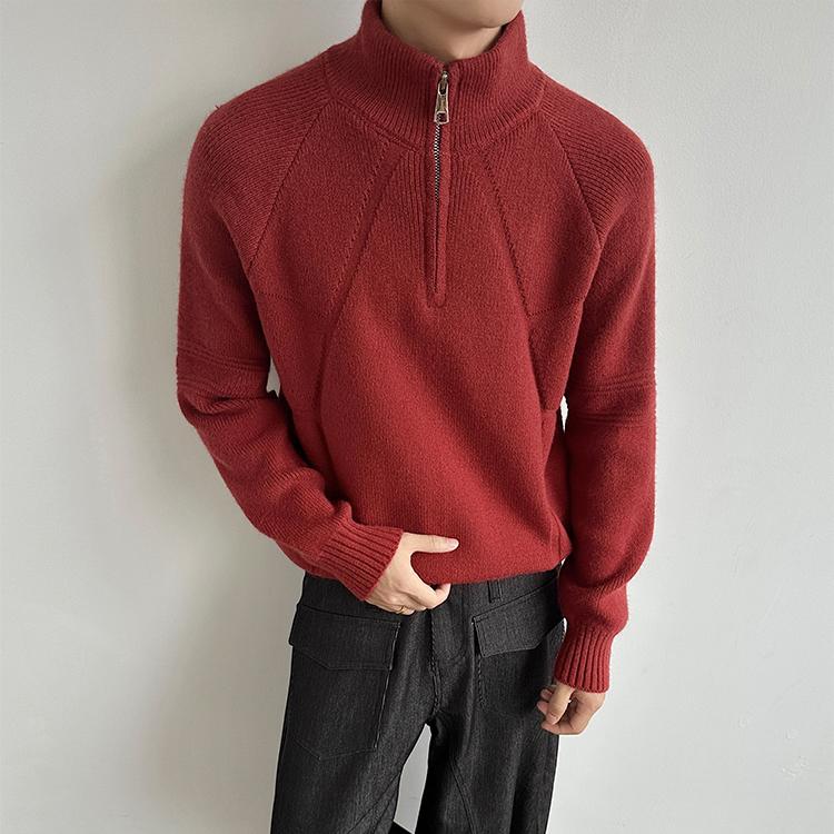 セーター ニット ハーフジップ付き ニットセーター 無地 ハイゲージ