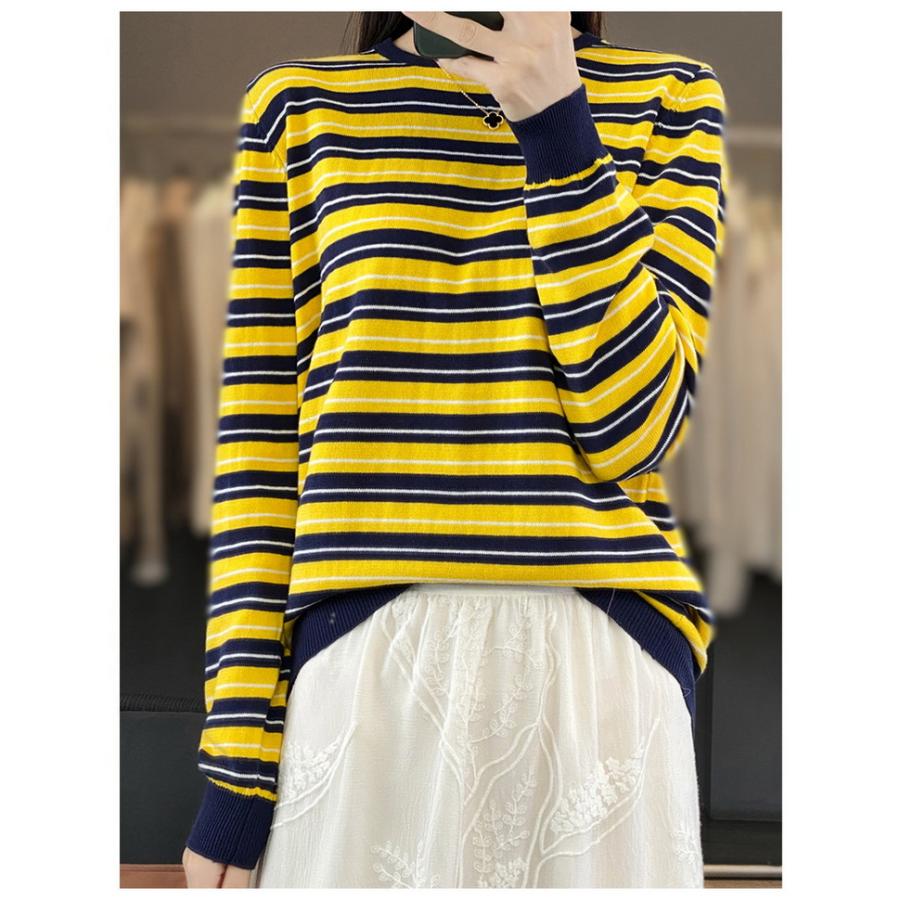 レタッチ　ニットボーダーTシャツ tシャツ レディース 100%綿 ニット ボーダー ロンt トップス クルー