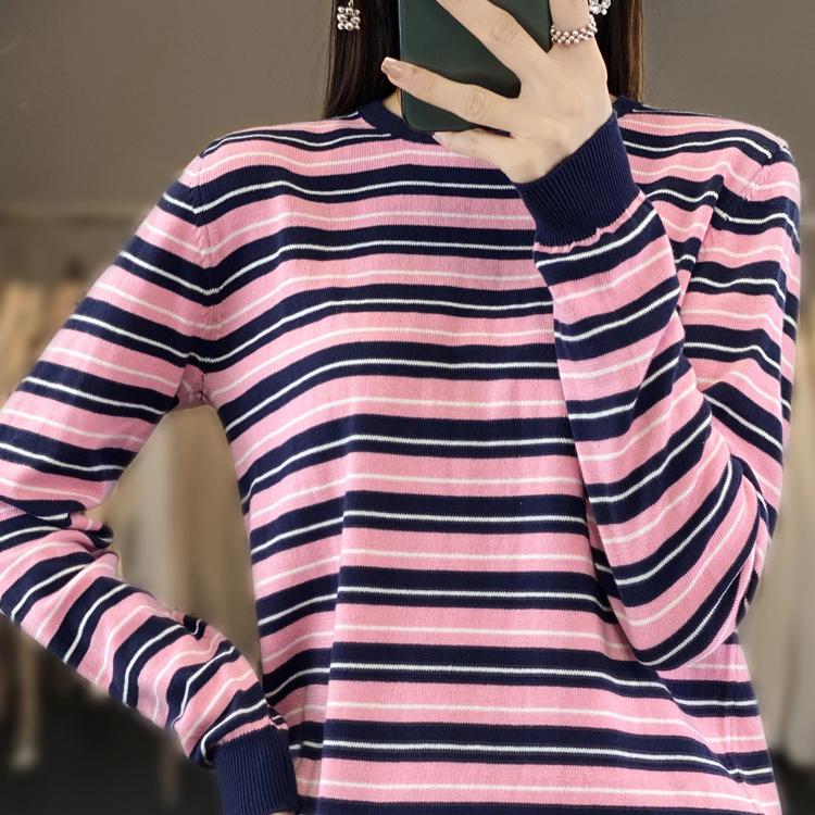 tシャツ レディース 100%綿 ニット ボーダー ロンt トップス クルー