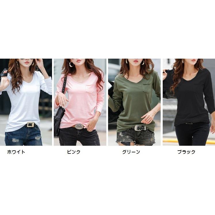 カットソー Vネック 胸ポケット 長袖 Tシャツ レディース : YABUJIN