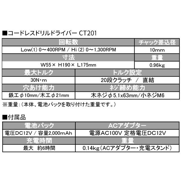 コンパクトツール 12Vコードレスドリルドライバー CT201 小型 コンパクトツール 12Vコードレスドリルドライバー CT201 小型