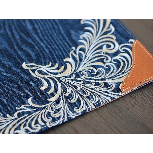 ブックカバー A4 刺繍 ししゅう A4判 木目 デニム 新素材 本革 ウッドデニム WOOD DENIM アルファ企画 送料無料｜yabumoto3｜02