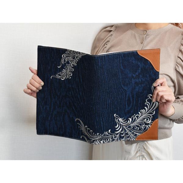 ブックカバー A4 刺繍 ししゅう A4判 木目 デニム 新素材 本革 ウッドデニム WOOD DENIM アルファ企画 送料無料｜yabumoto3｜10