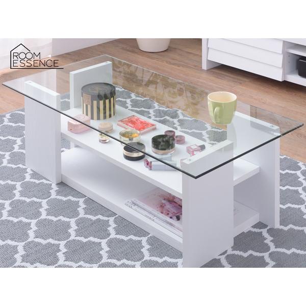 東谷 テーブル ホワイト W100×D50×H34 SO-100WH ガラステーブル 棚付き