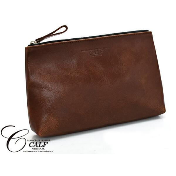 CALF カーフ 本革 レザーポーチ LLサイズ ブラウン brown 日本製 大きめ 旅行 トラベル 鞄 整理 Leather こげ茶 送料無料