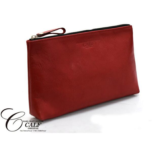 CALF カーフ 本革 レザーポーチ LLサイズ レッド red 日本製 大きめ 旅行 トラベル 鞄 整理 Leather 赤 送料無料