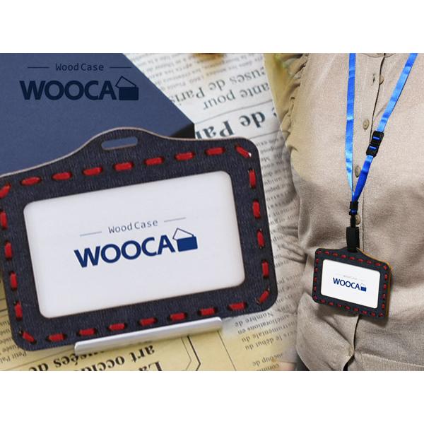 Id カードホルダー Wooca デニムタイプ 紐赤 ネックストラップ 青 カード ケース 天然ツキ板 おしゃれ アルファ企画 ネコポス 送料無料 新作商品