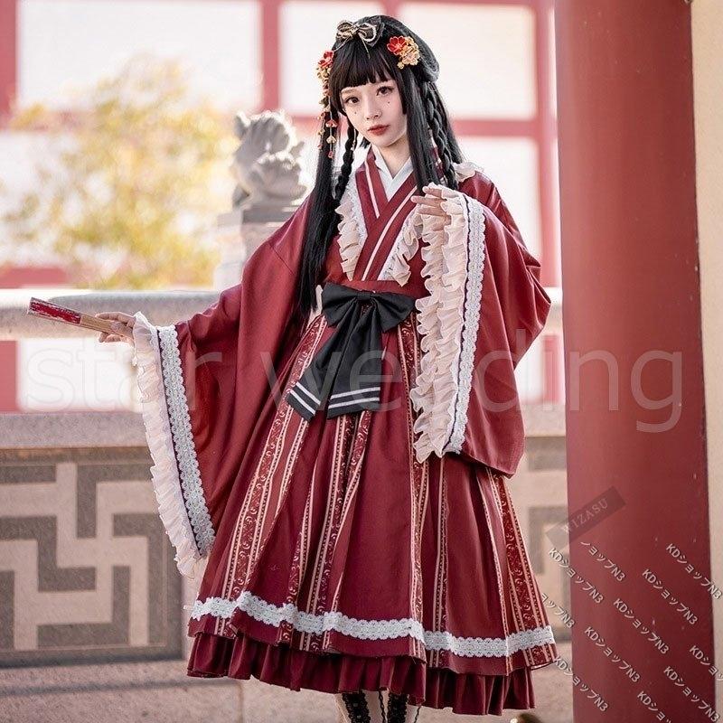 ロリータ服 Lolita ワンピース 和風 和風 ゴシック ロリータ服 日本式 ロリータファッション ヘッドドレス かわいい 膝丈 膝丈 花火 文化祭り 可愛い 舞台演出服 ラッシュガード ドレス Pa1e2 Kdショップn3