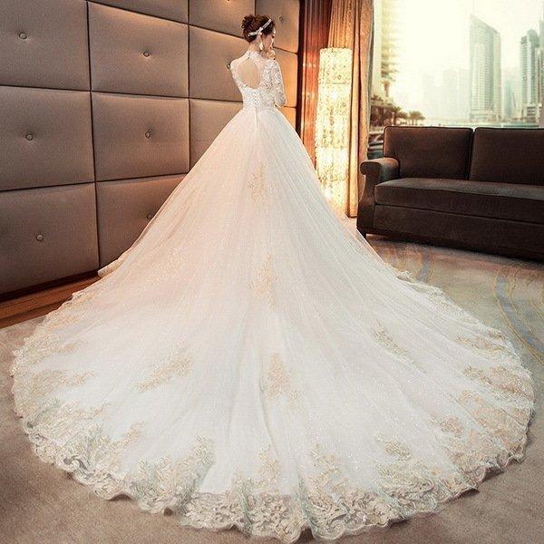 人気ブランドを ウェディングドレス白 ウェディングドレス パーティードレス お呼ばれ エレガント 二次会 トレーンライン 結婚式 花嫁ロングドレス 立襟レース花 エンパイアライン サイズ Xl Www Factana Com