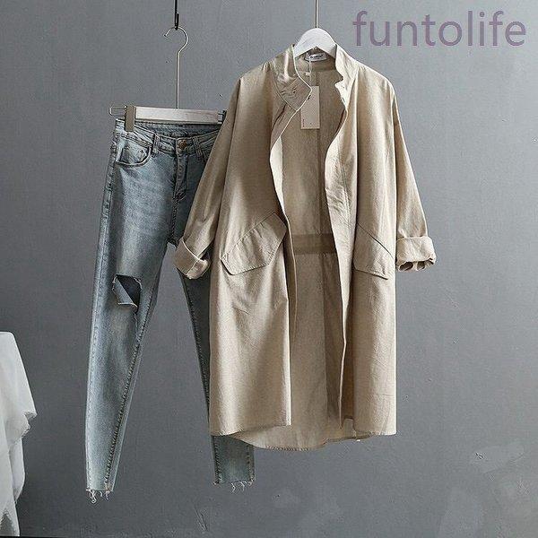 レディースアウタートレンチコートノーカラーポケット無地秋 冬グレーベージュml 値下げ