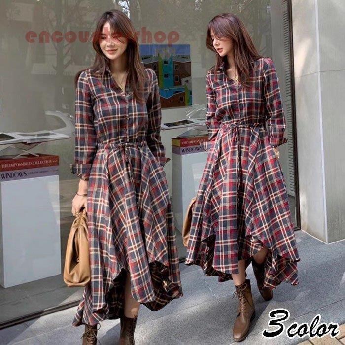 シャツワンピース レディース 40代 きれいめマキシ丈ワンピース 春秋 長袖ワンピース チェックワンピース フレアスカート オシャレ お出かけ 着痩せ 40代 50代 激安通販新作