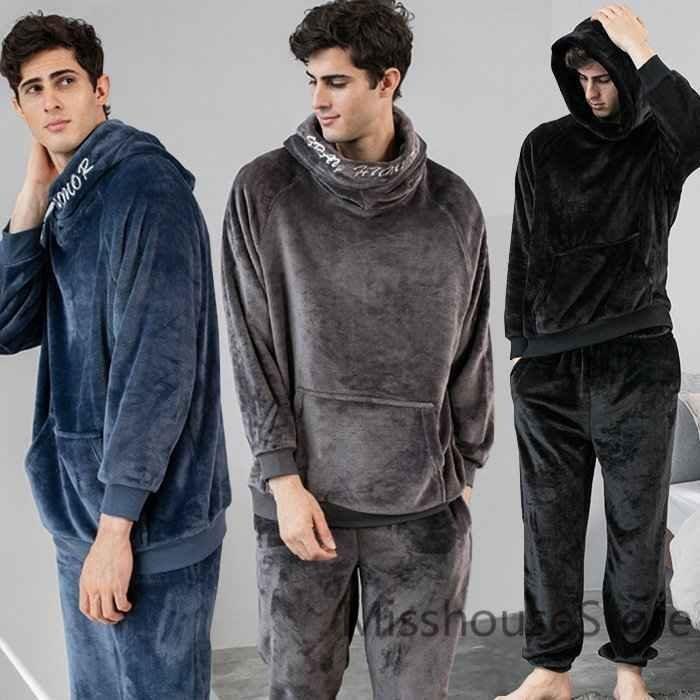 冬おすすめメンズ暖かいタートルネックもこもこフード付きルームウェアパジャマ上下セット防寒厚手パーカープルオーバー部屋着 ラッピング無料