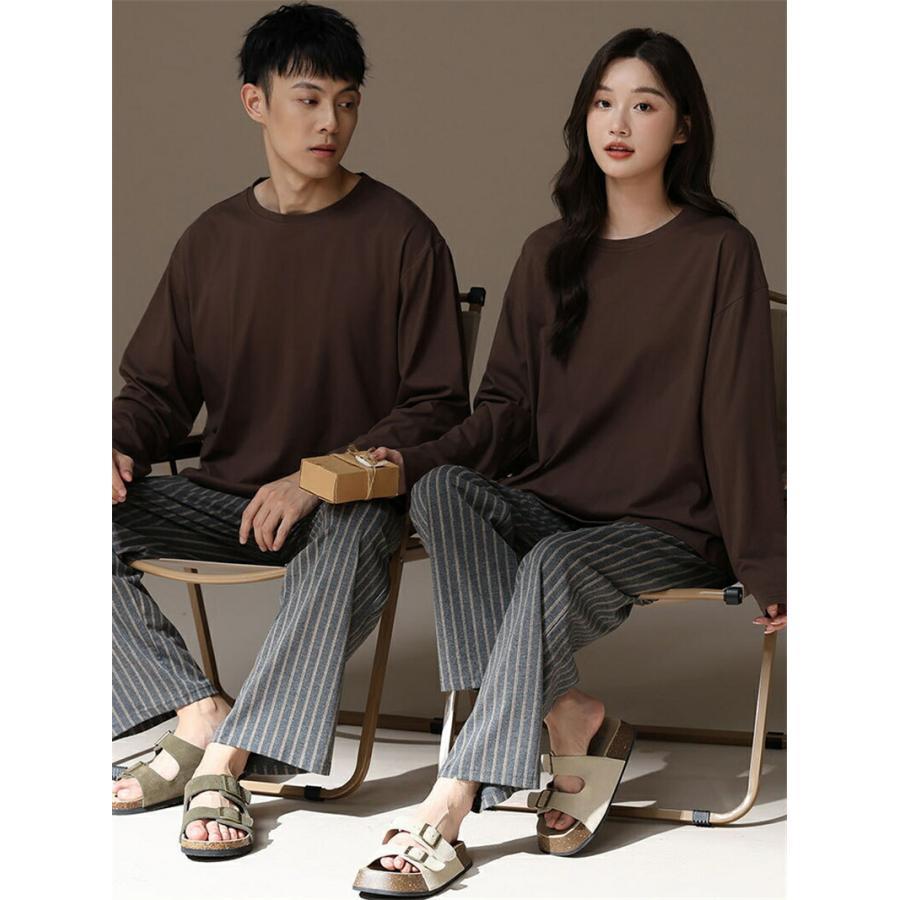 ペア パジャマ 長袖 男女2着 セット 綿100％ 無地 ストライプ ゆったり uネック カップル 春 秋 長袖トップス ルームウェア クルーネック 冬 春秋 夫婦 ギフト_8
