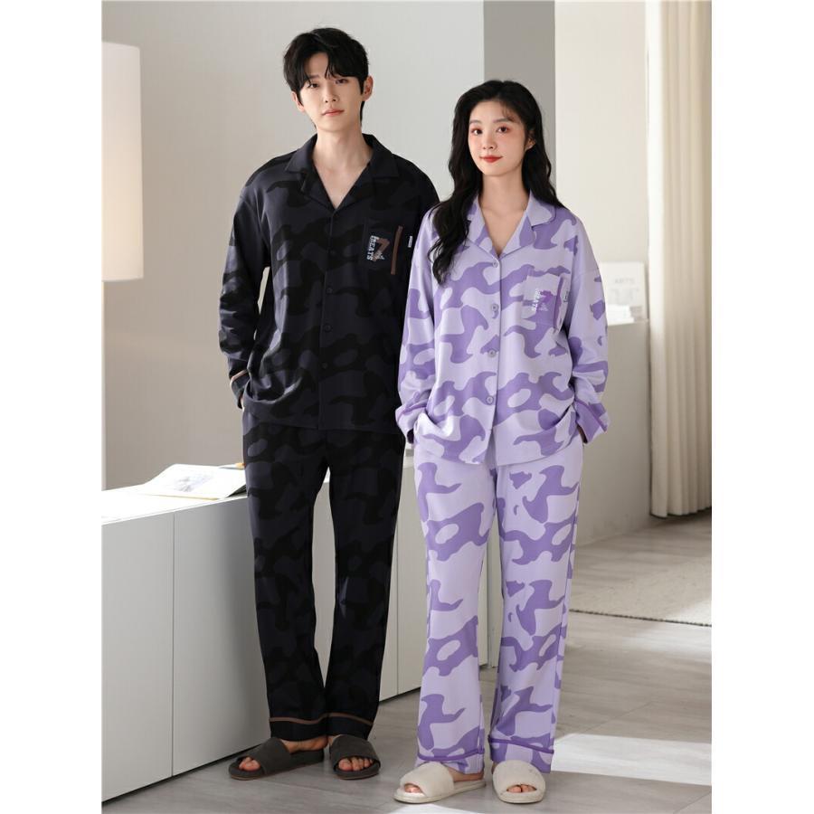ペア パジャマ 長袖 男女2着 セット 綿100％ シンプル 可愛い ゆったり 前開き カップル 春 秋 長袖トップス ロングパンツ ルームウェア 冬 コットン ギフト_4