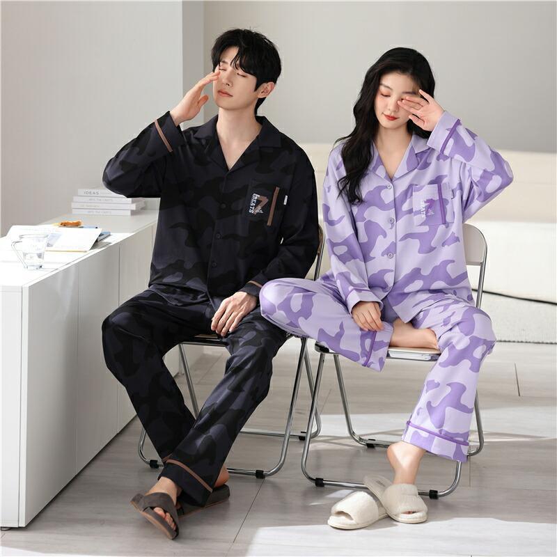 ペア パジャマ 長袖 男女2着 セット 綿100％ シンプル 可愛い ゆったり 前開き カップル 春 秋 長袖トップス ロングパンツ ルームウェア 冬 コットン ギフト_8
