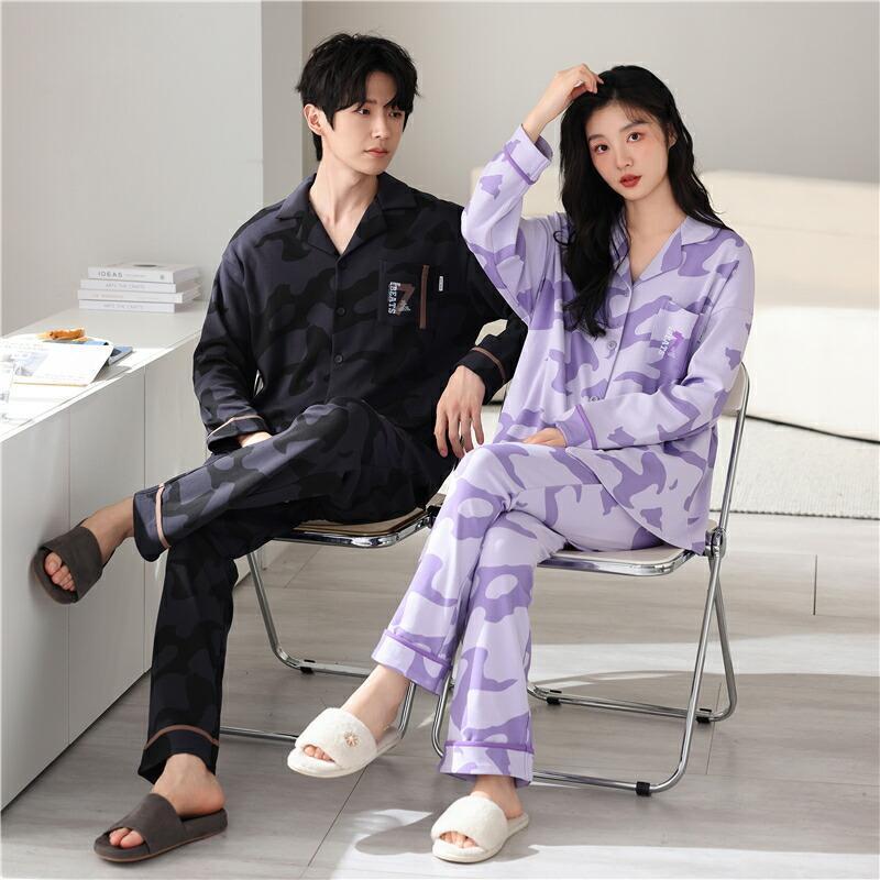 ペア パジャマ 長袖 男女2着 セット 綿100％ シンプル 可愛い ゆったり 前開き カップル 春 秋 長袖トップス ロングパンツ ルームウェア 冬 コットン ギフト_9