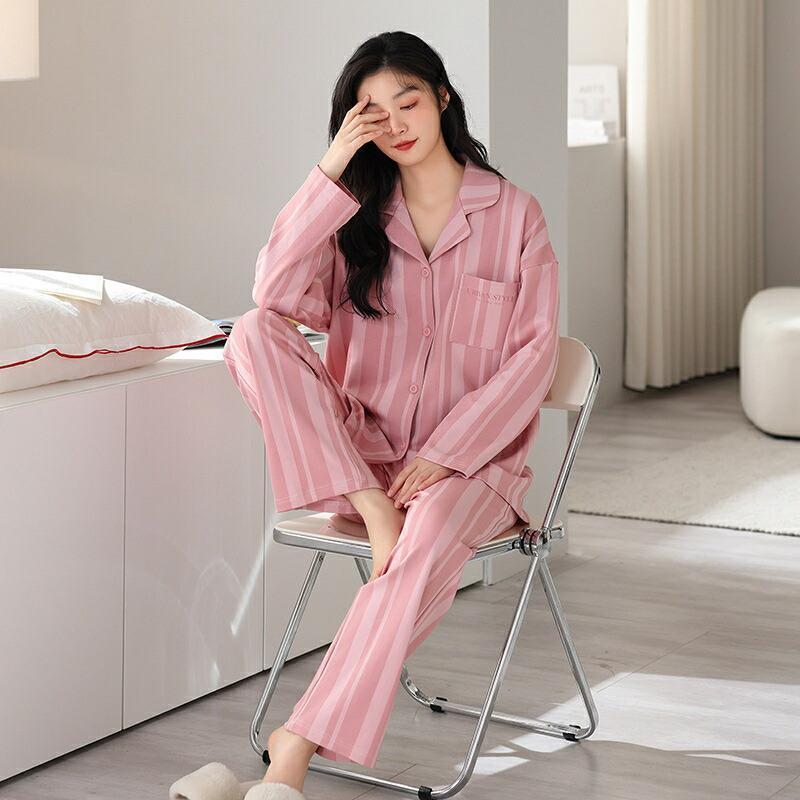 ペア パジャマ 長袖 男女2着 セット 綿100％ ストライプ シンプル 前開き カップル 春 秋 長袖トップス ロングパンツ ルームウェア 冬 コットン 上下セット_2