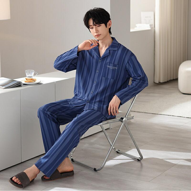 ペア パジャマ 長袖 男女2着 セット 綿100％ ストライプ シンプル 前開き カップル 春 秋 長袖トップス ロングパンツ ルームウェア 冬 コットン 上下セット_3