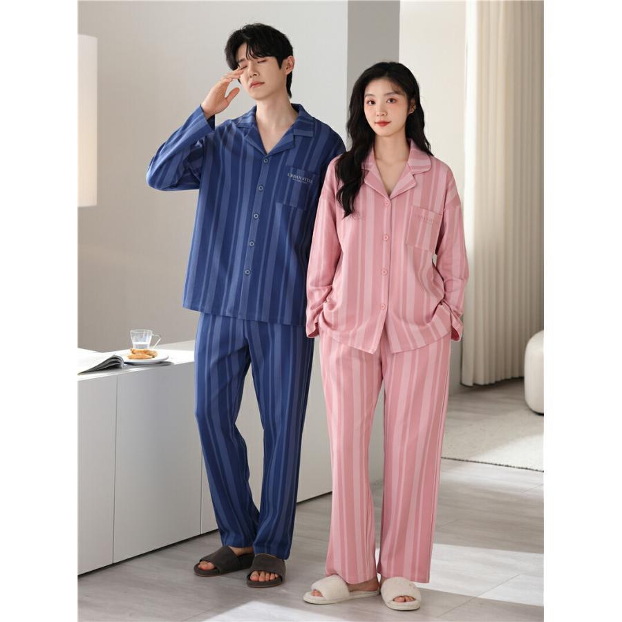 ペア パジャマ 長袖 男女2着 セット 綿100％ ストライプ シンプル 前開き カップル 春 秋 長袖トップス ロングパンツ ルームウェア 冬 コットン 上下セット_4