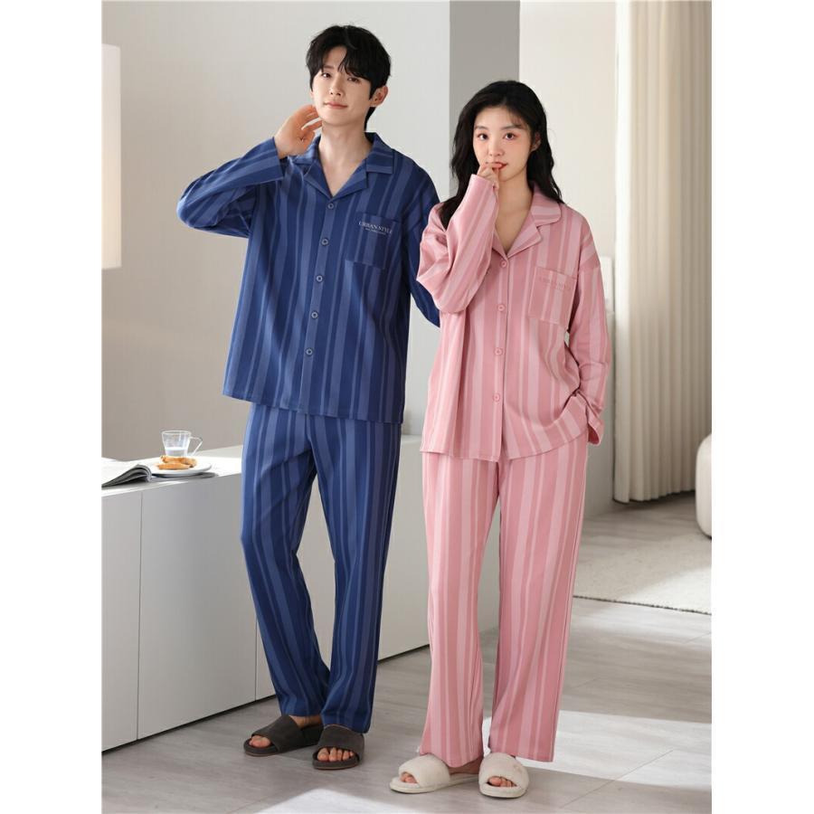 ペア パジャマ 長袖 男女2着 セット 綿100％ ストライプ シンプル 前開き カップル 春 秋 長袖トップス ロングパンツ ルームウェア 冬 コットン 上下セット_5