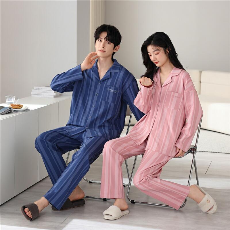 ペア パジャマ 長袖 男女2着 セット 綿100％ ストライプ シンプル 前開き カップル 春 秋 長袖トップス ロングパンツ ルームウェア 冬 コットン 上下セット_7