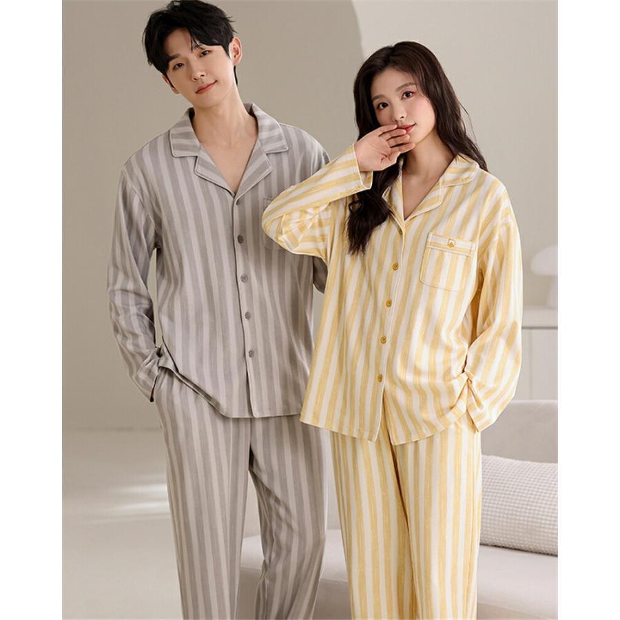 ペア パジャマ 長袖 男女2着 セット ストライプ 前開き シンプル カジュアル カップル 春 長袖トップス ロングパンツ ルームウェア 綿 ポリエステル 春秋 夫婦の画像