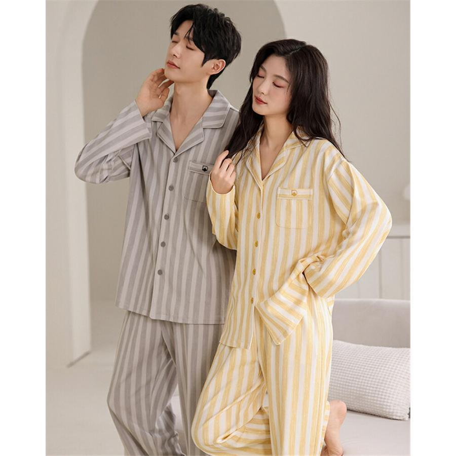 ペア パジャマ 長袖 男女2着 セット ストライプ 前開き シンプル カジュアル カップル 春 長袖トップス ロングパンツ ルームウェア 綿 ポリエステル 春秋 夫婦の画像
