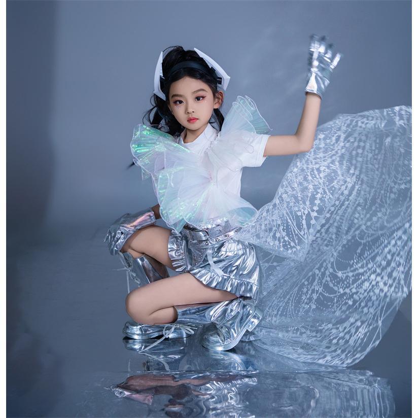 シルバー スカート キッズ ダンス 衣装 ヒップホップ レース トレーン