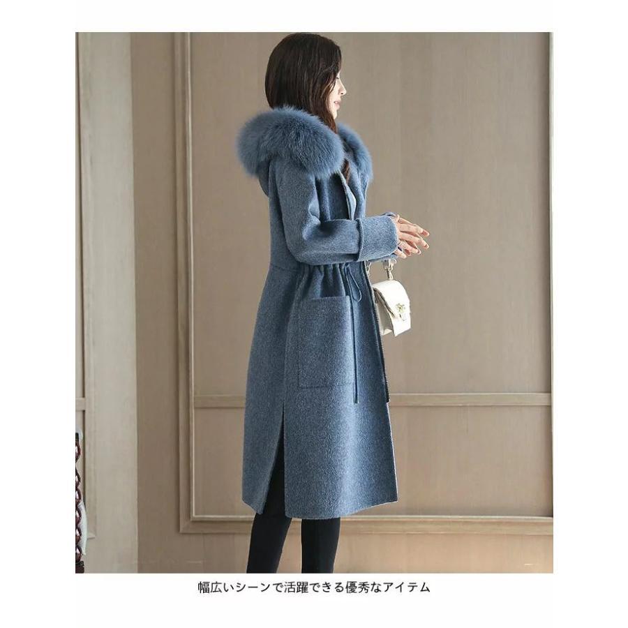 ロングコート レディース ファー付きコート ファー付き フェイクファー チェスターコート ラシャ調 ロング丈 フード付き ポケット付き ウエスト紐 ジップアップ | ブランド登録なし | 02