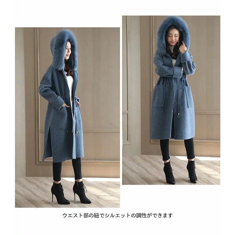 ロングコート レディース ファー付きコート ファー付き フェイクファー チェスターコート ラシャ調 ロング丈 フード付き ポケット付き ウエスト紐 ジップアップ | ブランド登録なし | 03