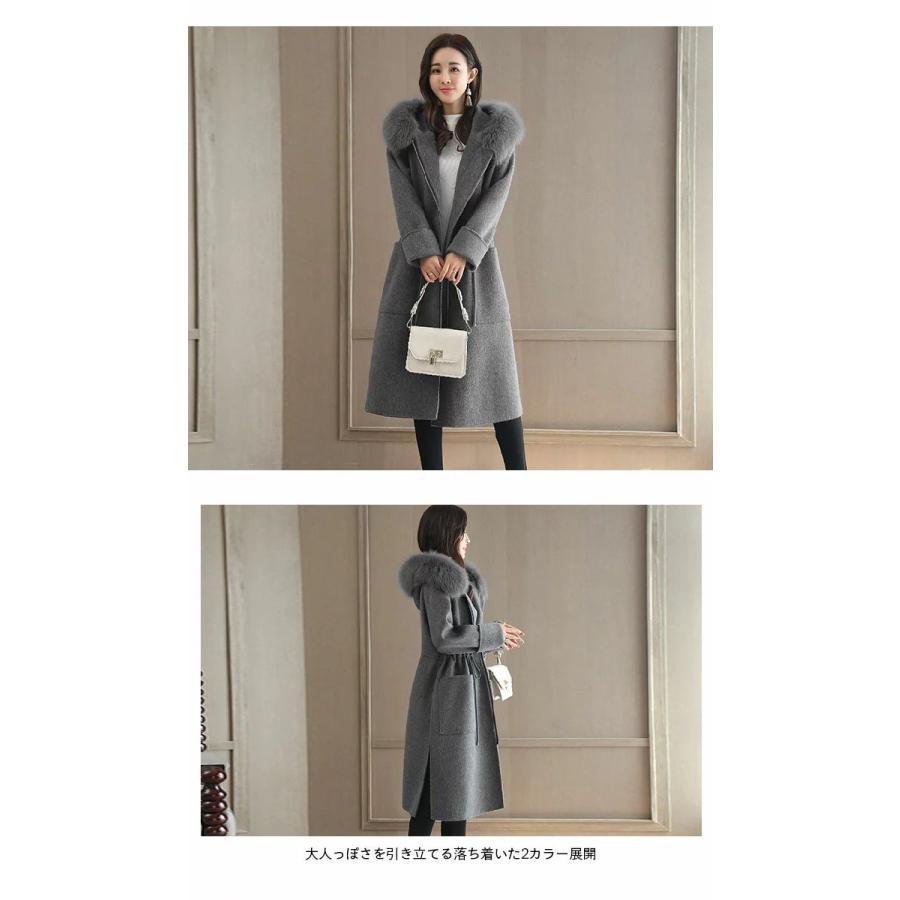 ロングコート レディース ファー付きコート ファー付き フェイクファー チェスターコート ラシャ調 ロング丈 フード付き ポケット付き ウエスト紐 ジップアップ | ブランド登録なし | 07