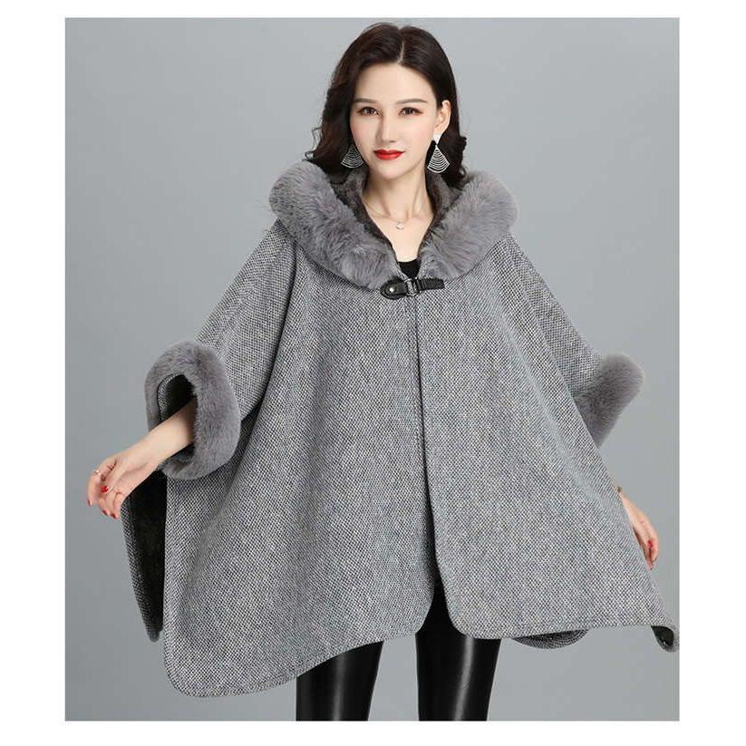ポンチョ コート レディース 秋冬 フェイクファー マント 前開き フード付き ケープ アウター サイドスリット 半袖 大人 フェミニ エレガント カジュアル きれい | ブランド登録なし | 01