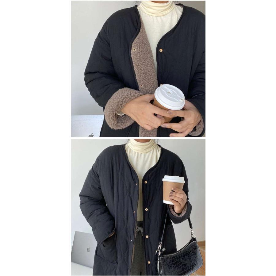 キルティングコート ボアコート ミドル丈 レディース リバーシブルコート 抜き襟 ノーカラー ジャケット キルトコート あたたかいパイピングボア 防寒 あった | ブランド登録なし | 06