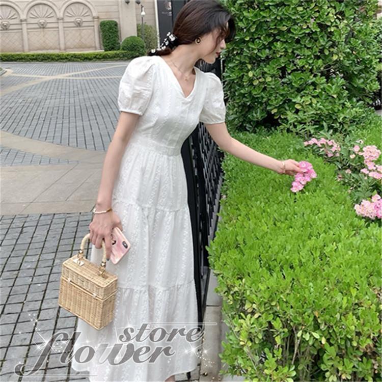 ワンピース レディース 40代 きれいめ マキシワンピース 春夏新作 半袖ワンピース 白レースVネック Aラインスカートオシャレ韓国風 大人 結婚式ドレス 30代 50代の画像