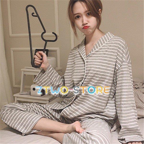 パジャマ レディース 前開き 春夏秋冬 長袖 ルームウェア 寝巻き 2点セット 綿 長ズボン シャツパジャマ 寝間着 部屋着 体型カバー 韓国風 可愛い 新品 | ブランド登録なし