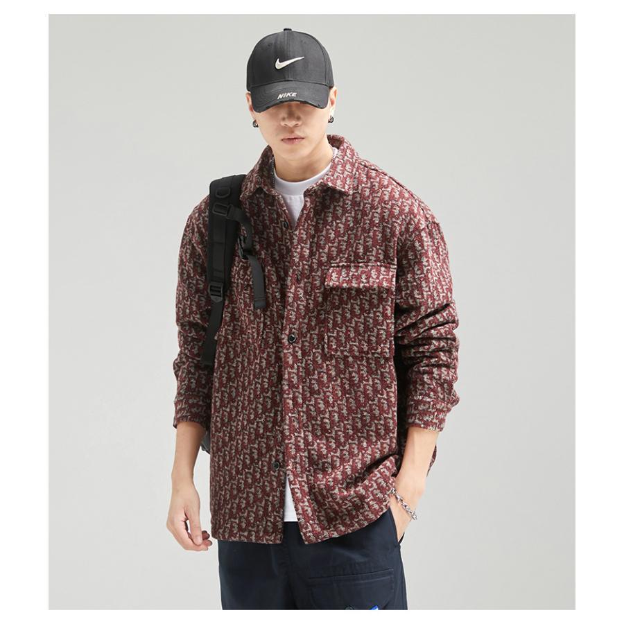 カバーオール シャツジャケット メンズ 長袖 ウール混 柄物 おしゃれ ワーク 作業着 両ポケット 大容量 ボタン留め ゆったり カジュアル アウター | ブランド登録なし | 13