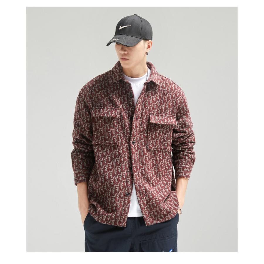 カバーオール シャツジャケット メンズ 長袖 ウール混 柄物 おしゃれ ワーク 作業着 両ポケット 大容量 ボタン留め ゆったり カジュアル アウター | ブランド登録なし | 14