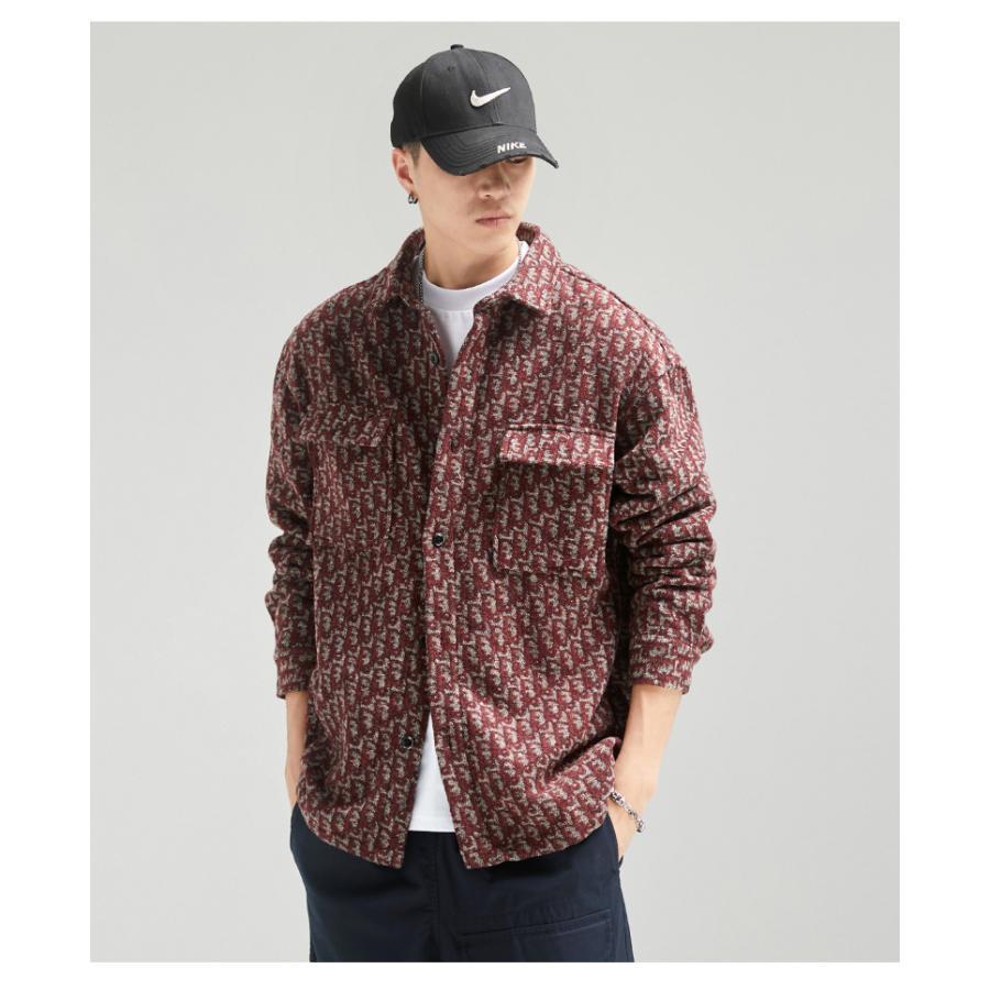 カバーオール シャツジャケット メンズ 長袖 ウール混 柄物 おしゃれ ワーク 作業着 両ポケット 大容量 ボタン留め ゆったり カジュアル アウター | ブランド登録なし | 15