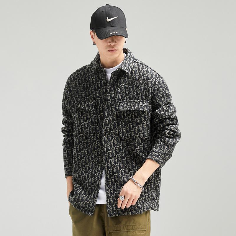 カバーオール シャツジャケット メンズ 長袖 ウール混 柄物 おしゃれ ワーク 作業着 両ポケット 大容量 ボタン留め ゆったり カジュアル アウター | ブランド登録なし | 01