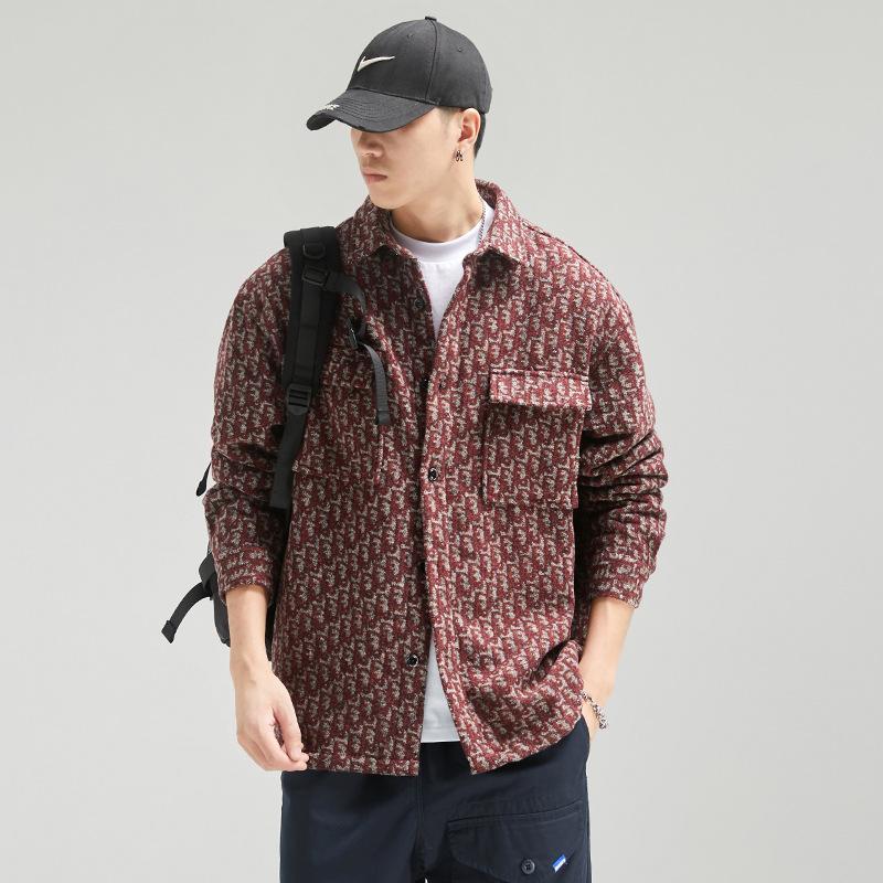 カバーオール シャツジャケット メンズ 長袖 ウール混 柄物 おしゃれ ワーク 作業着 両ポケット 大容量 ボタン留め ゆったり カジュアル アウター | ブランド登録なし | 02