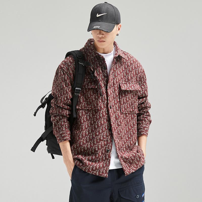 カバーオール シャツジャケット メンズ 長袖 ウール混 柄物 おしゃれ ワーク 作業着 両ポケット 大容量 ボタン留め ゆったり カジュアル アウター | ブランド登録なし | 03