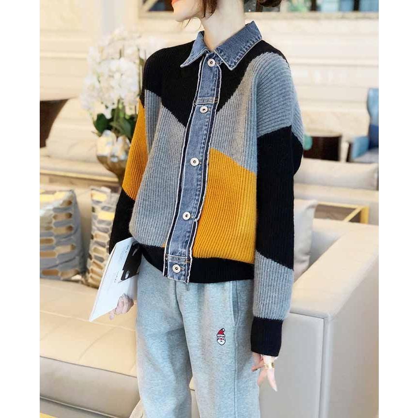 ニットカーディガン カーディガン デニム 切り替え 羽織り アウター バイカラー カーデ ショート丈 カーディガン コート レディース アウター あったか とろみ ニットカーディガン カーディガン デニム 切り替え 羽織り アウター